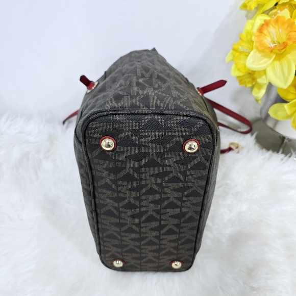 Michael Kors Jet Set Brown/Cherry Signature Logo Tote Shoulder Bag - Picture 7 of 16